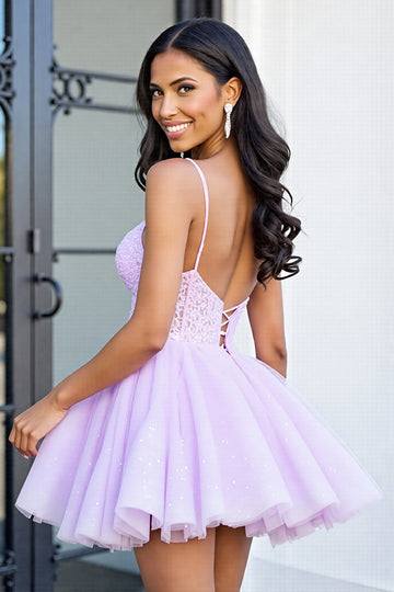 Lilac Tulle Corset A Line Spaghetti Straps Short Prom Dress with Appliques